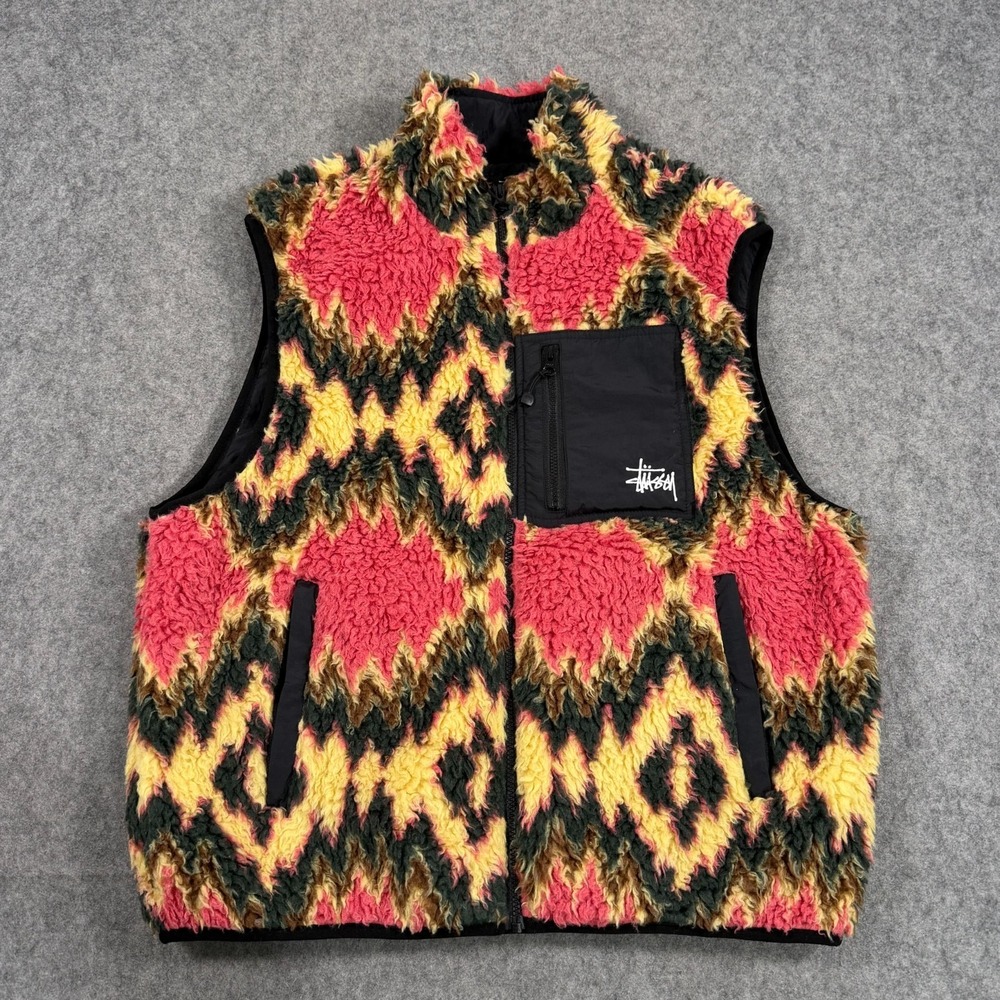 Stussy Mustard Red Fillmore Sherpa Fleece Full Zip-Up Vest Jacket Men's Size XL